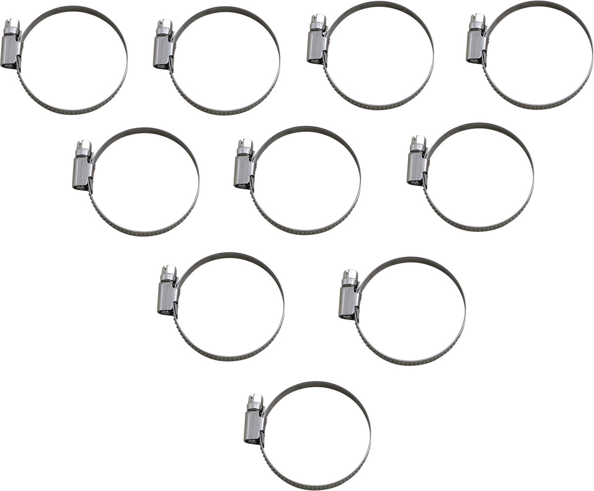 Set of 10 PARTS UNLIMITED Hose Clamps T03-6257-10, adjustable from 32-50mm, displayed in a natural light on a white background.
