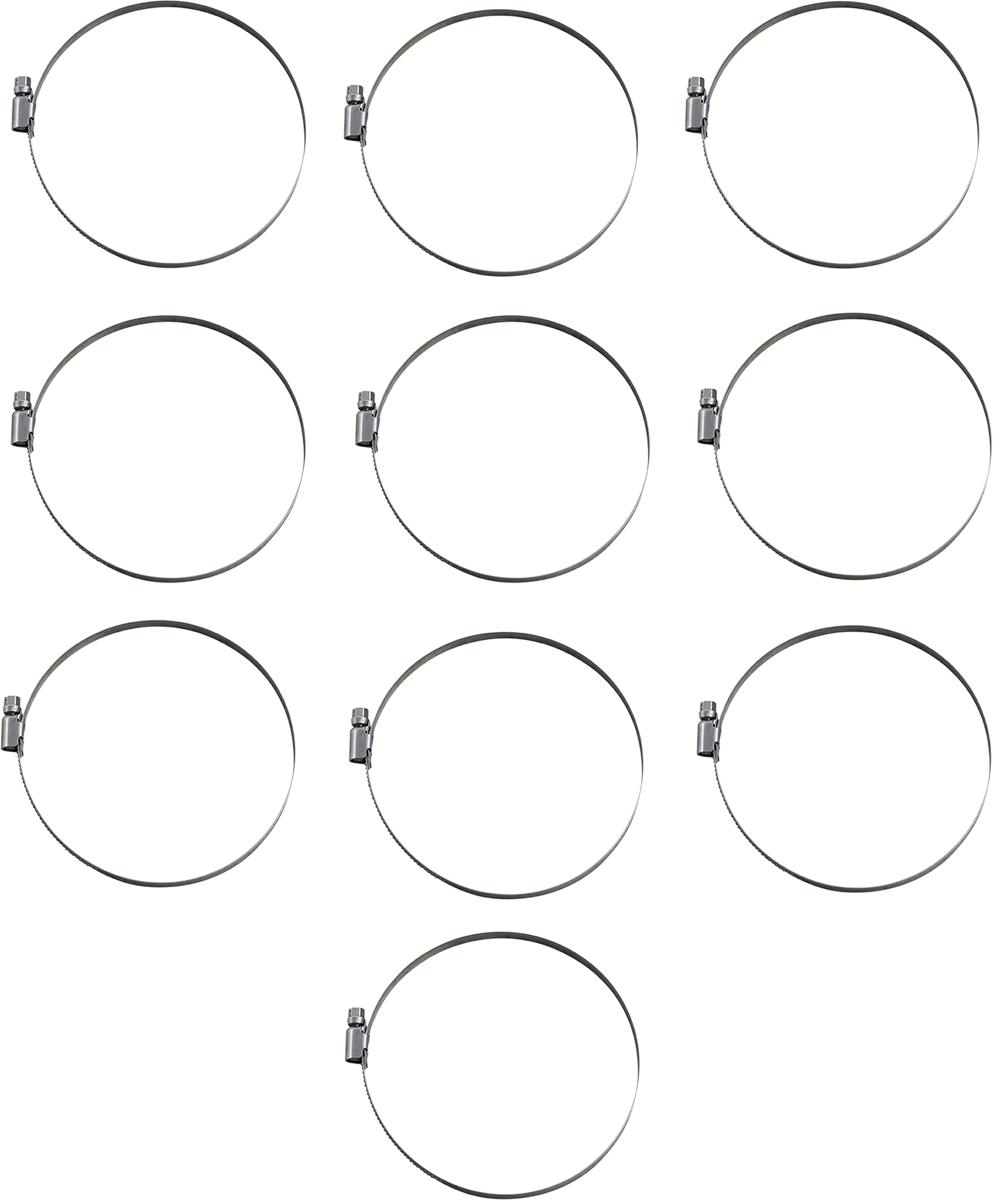 Stainless steel PARTS UNLIMITED Hose Clamps T03-6263-10, 100-120 mm size, 10-pack, for marine and industrial use.
