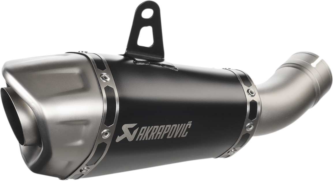 AKRAPOVIC titanium race muffler for Kawasaki KX250F motocross bike, featuring sleek silver finish and compact design.