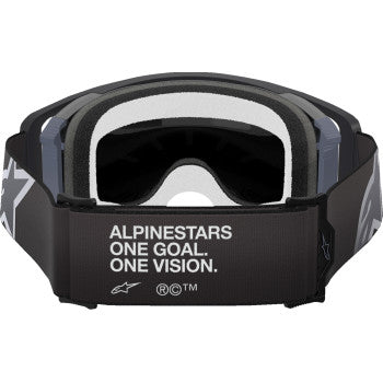 Alpinestars Supertech Goggle in black and gray with silver mirror lens, featuring ABS vision for high-performance riding.