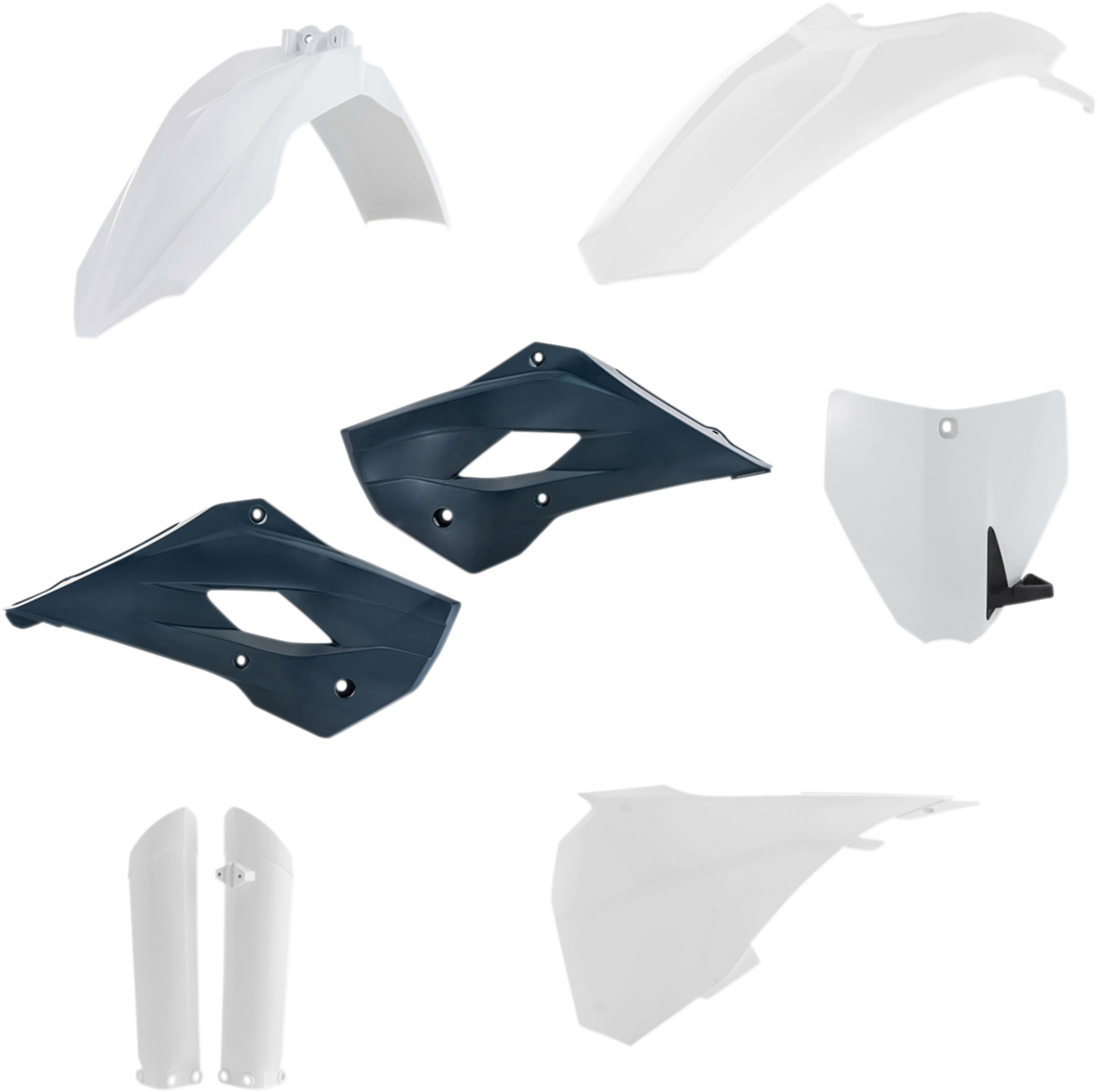 Acerbis full replacement body kit in dark blue and white for OEM 2016 motorcycle, featuring streamlined design and brand logo.