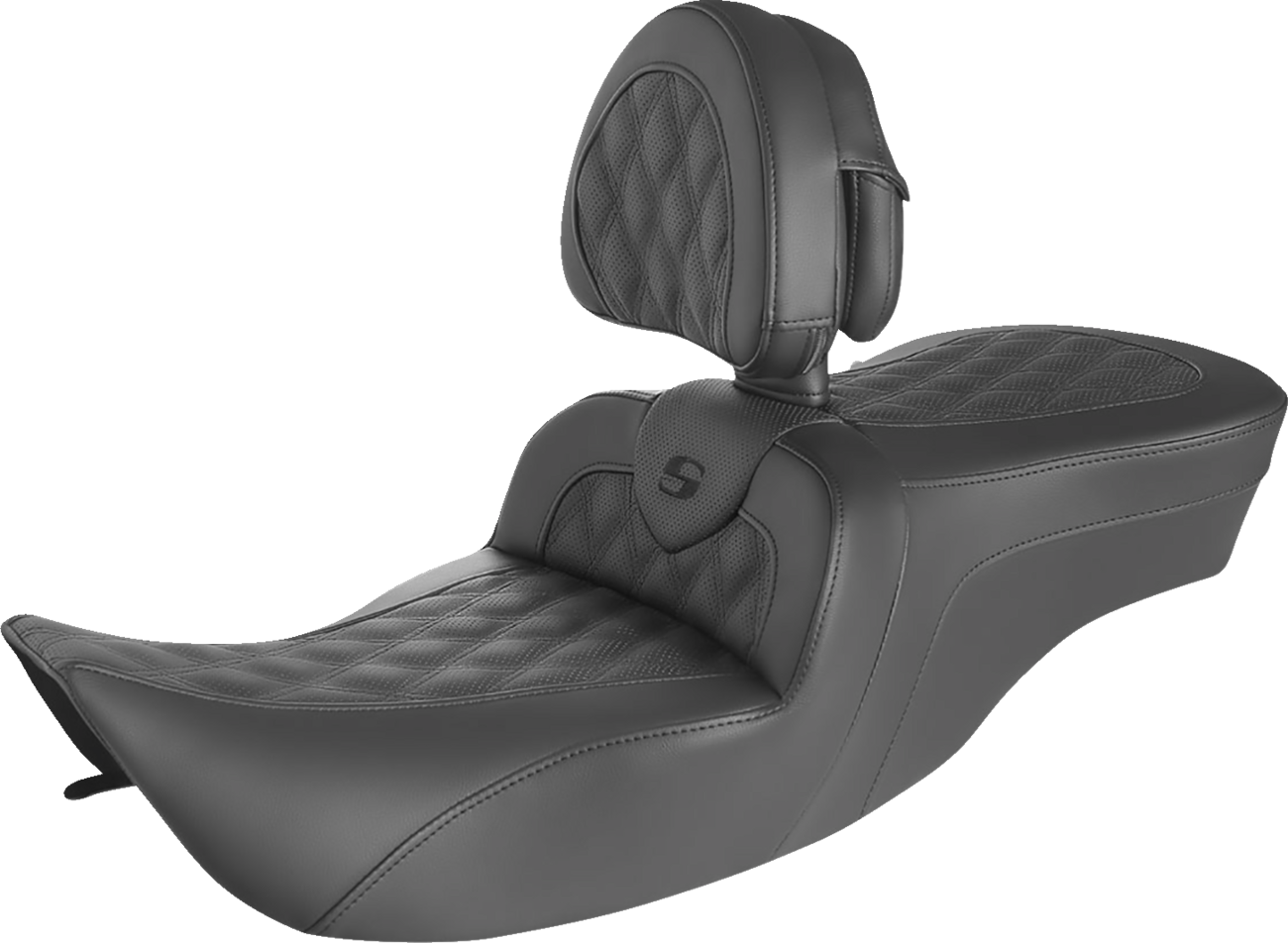 Bill's Exhausts Roadsofa Seat with full lattice stitch and backrest, showcasing durable motorcycle seat design.
