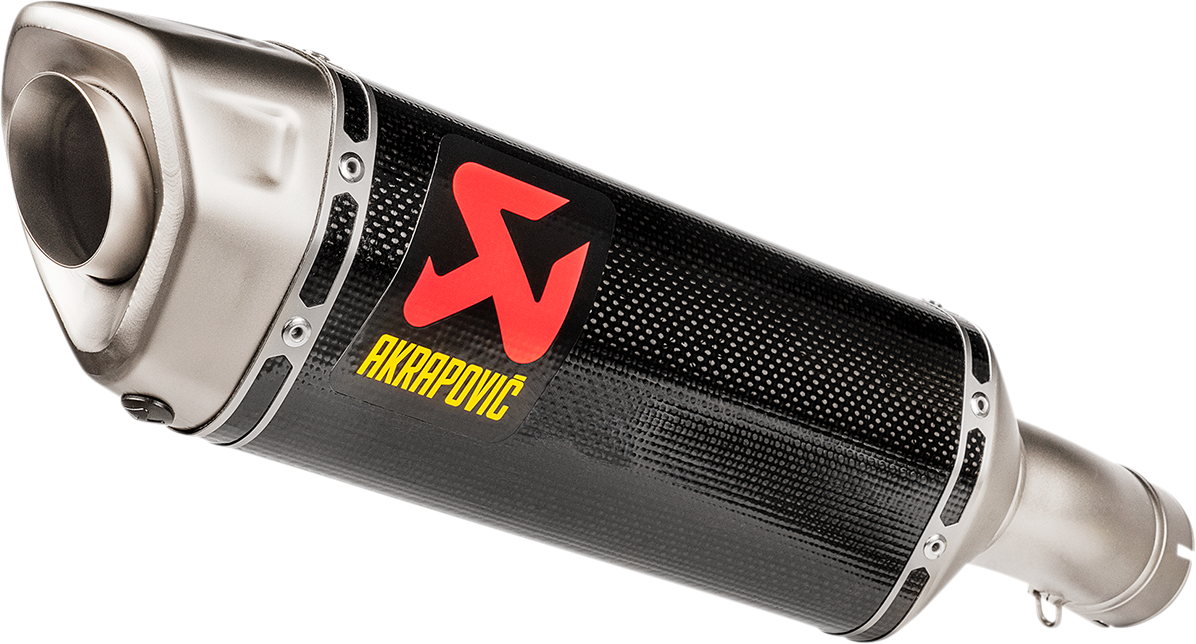 AKRAPOVIC Slip-On Line Muffler for BMW S 1000 R motorcycle, silver and black exhaust with branding details visible.