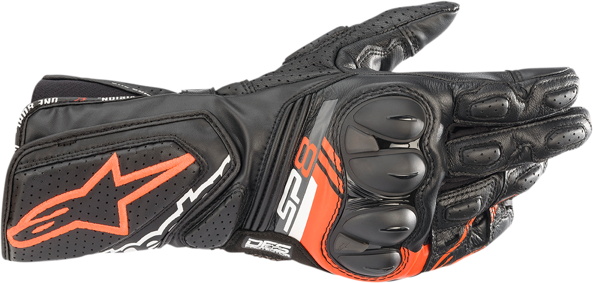 Alpinestars SP-8 V3 motorcycle gloves in black and fluo red, large size, with reinforced knuckles and grip details.