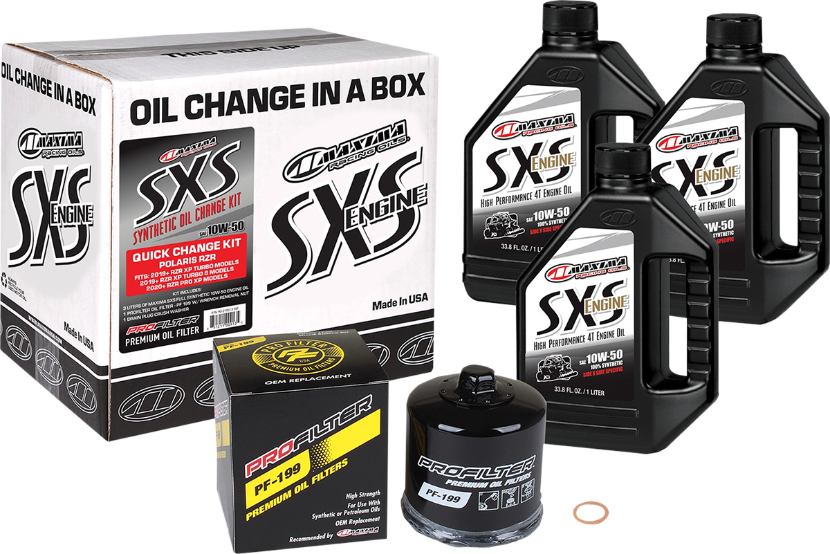Maxima Racing Oil SXS synthetic oil change kit for Polaris Turbo 10W-50, including oil bottles and accessories.