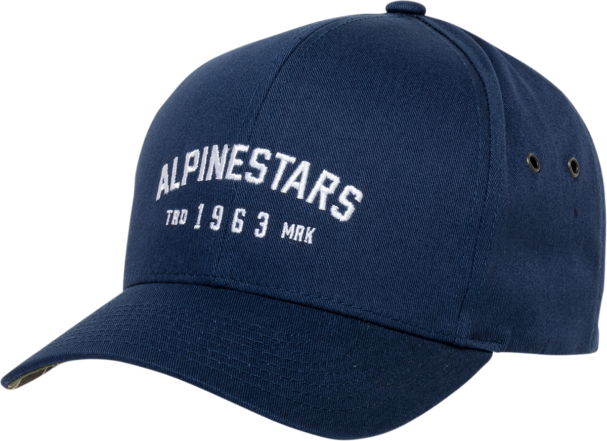 Alpinestars Imperial Navy hat with camouflage underbill, featuring adjustable strap and branded logo, styled for casual wear.