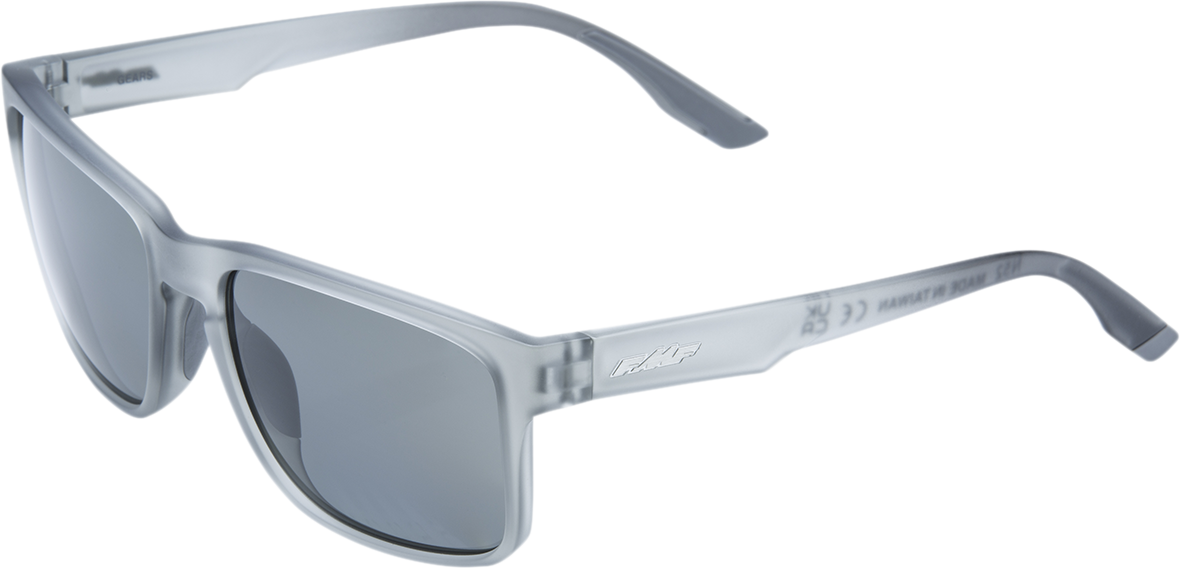 FMF Gears Matte Crystal Smoke sunglasses with gray polarized lenses, featuring a modern frame design.