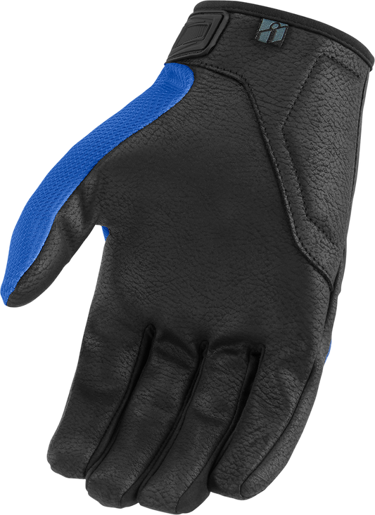 Blue ICON Hooligan CE gloves, large size, with reinforced knuckles and breathable material, designed for motorcycle riding.