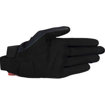 Alpinestars Reef V2 motorcycle gloves in black, fluo red, and white with reinforced knuckles and adjustable wrist strap.