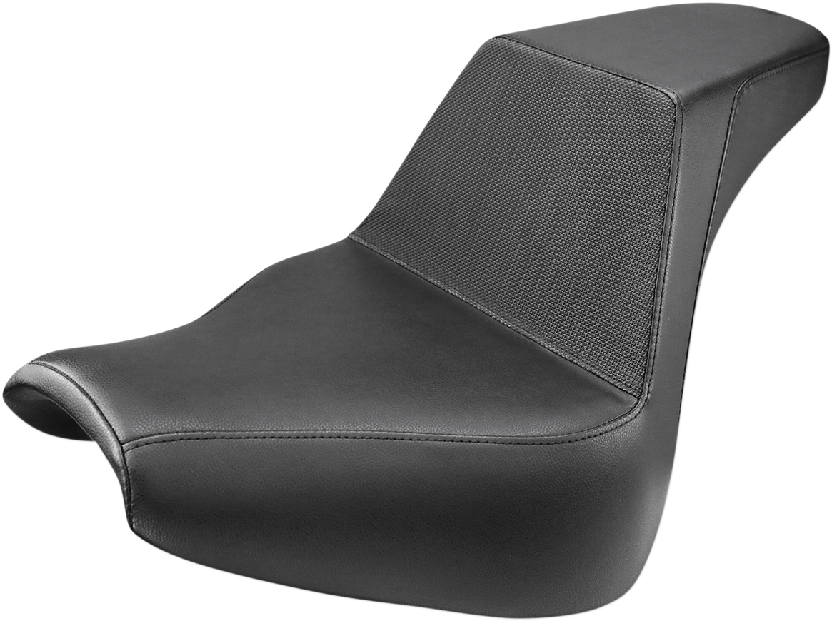 Black SADDLEMEN Step-Up Seat with gripper surface, designed for motorcycle comfort and style.