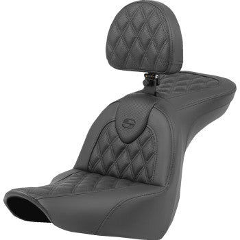 Bill's Exhausts SADDLEMEN Roadsofa™ motorcycle seat with lattice stitch and backrest for FXLR and FLSB models 2018-2023.