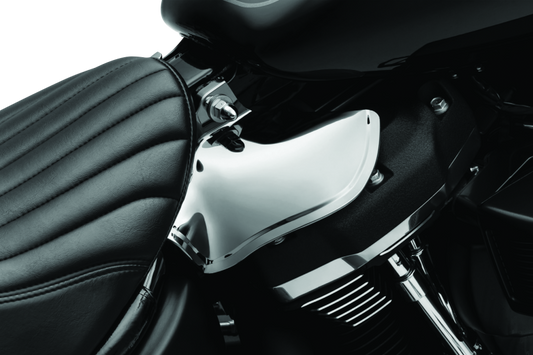 Kuryakyn Saddle Shields heat deflectors attached to 2018 Harley Davidson Softail motorcycle seats, providing heat protection.