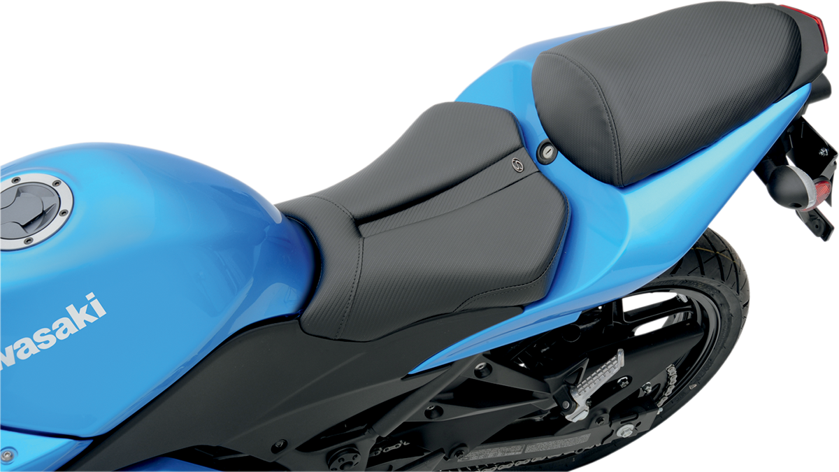 Black SADDLEMEN Gel Channel Track Carbon Fiber Sport Seat for engine, featuring a sleek design with carbon fiber finish.