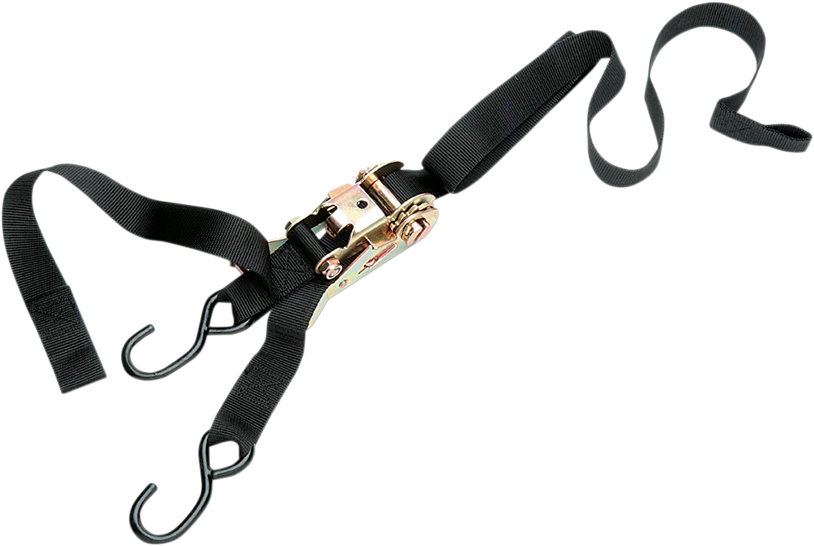 Parts Unlimited 1-inch ratchet tiedown strap with vinyl-coated hooks and assist for secure cargo fastening