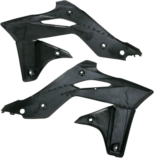 Black ACERBIS radiator shrouds for body of motorcycle, featuring sleek design and mounting points, by Bill's Exhausts.