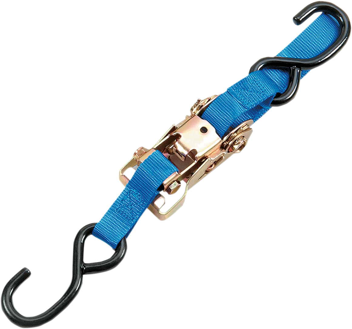 Blue Parts Unlimited heavy-duty ratchet tie-down strap, 1.5 inch x 6 feet, with metal ratchet mechanism for secure cargo fastening.