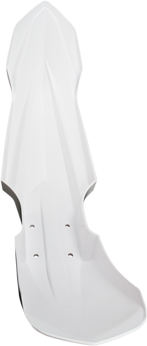 A white ACERBIS front fender for motorcycles, showcasing the sleek body design with brand logo on a clean background.