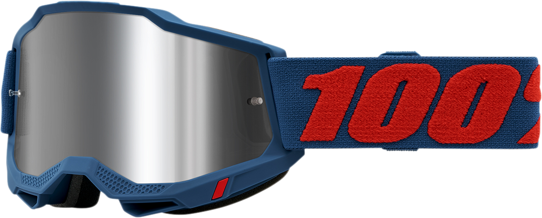 Bill's Exhausts 100% Accuri 2 goggles in silver with tinted lenses, designed for motocross or off-road riding.