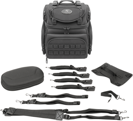 Bill's Exhausts SADDLEMEN Sissy Bar Bag BR1800 Tactical seat mounted bag on motorcycle with straps and storage compartments.