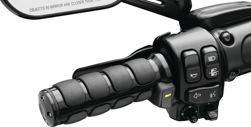 Kuryakyn Heated ISO Grips Dual Cable in gloss black for motorcycle handlebars with textured surface and control switch.