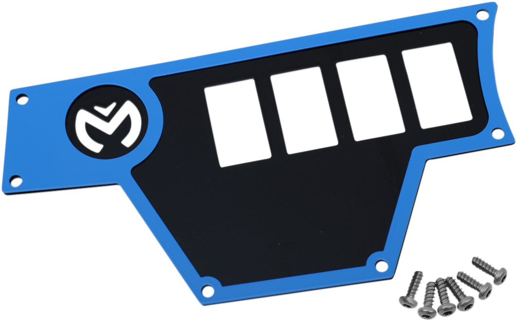Large blue Moose Offroad RZR dash plate, left side, for off-road Polaris RZR vehicles, part 100-4362-PU.
