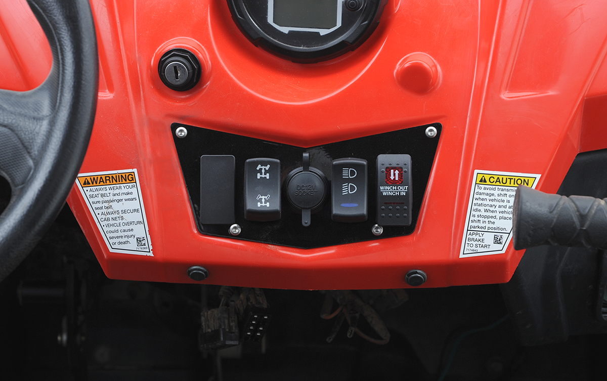 Black Moose Offroad dash plate with four switch mounts for Polaris RZR, part #100-4390-PU, designed for rugged off-road use.