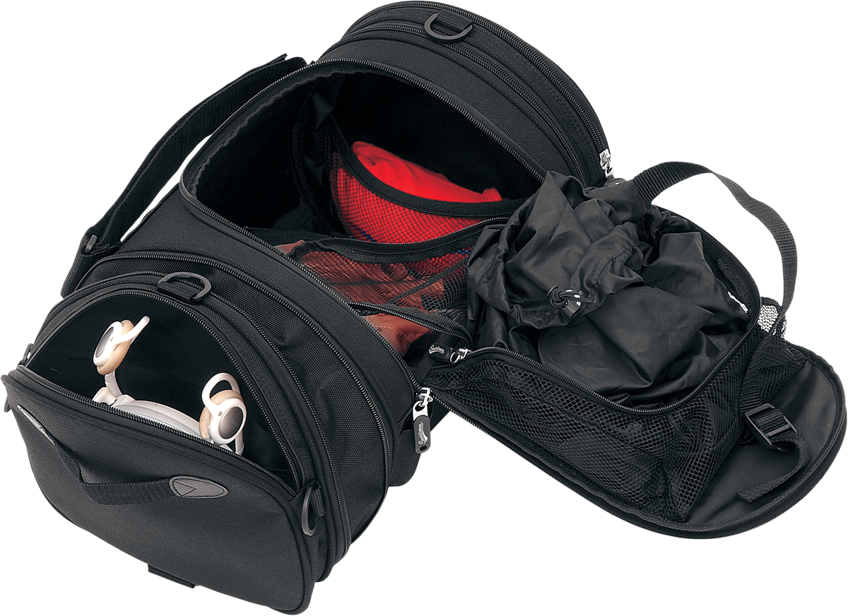 Bill's Exhausts Saddlemens R1300LXE Deluxe Roll Bag seat with leather finish and detailed stitching on a motorcycle seat.
