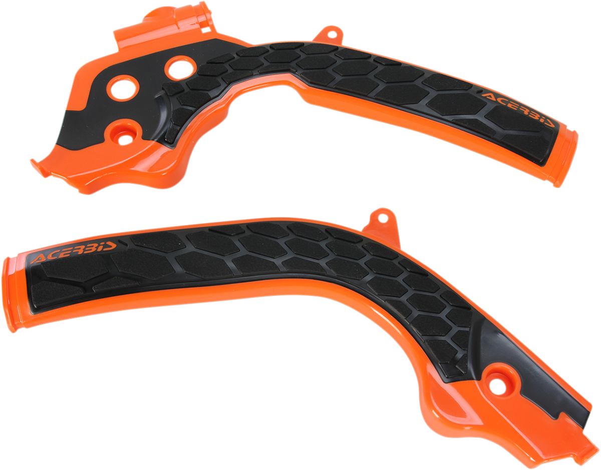 ACERBIS X-Grip Frame Guards for bikes in orange and black, designed to protect motorcycle frames from damage.