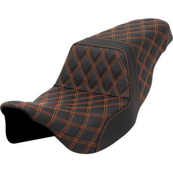Bill's Exhausts SADDLEMEN Step-Up Seat with orange lattice stitch for FLH/FLT 2008-2023, featuring a textured leather surface.