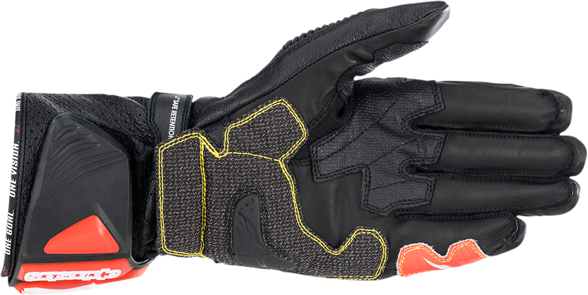 Alpinestars GP Tech v2 motorcycle gloves in black, white, and fluo red, 2XL size with protective knuckles and adjustable straps.