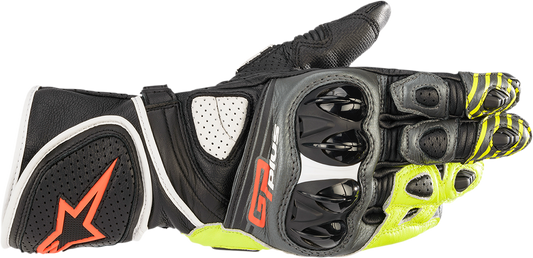 Alpinestars GP Plus R v2 motorcycle gloves in metallic gray, black, fluo yellow, and red, size small, with protective knuckles.