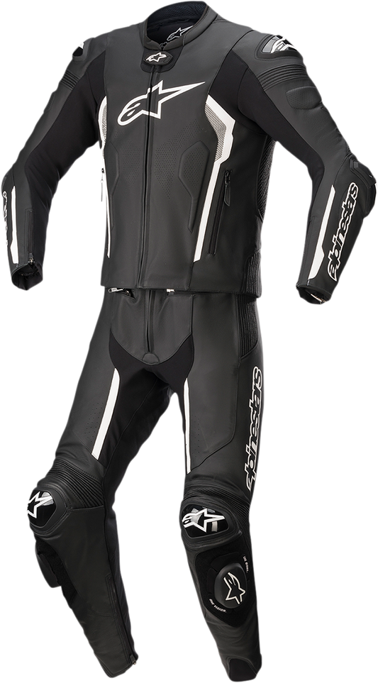 Alpinestars Missile v2 2-piece leather motorcycle suit in black and white, displayed on a mannequin, US 50 / EU 60 size.