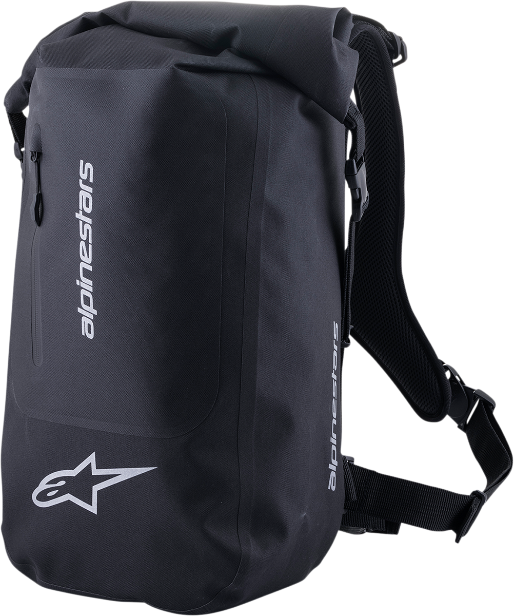 Alpinestars sealed black motorcycle backpack with padded laptop compartment, waterproof design, and secure zippers.