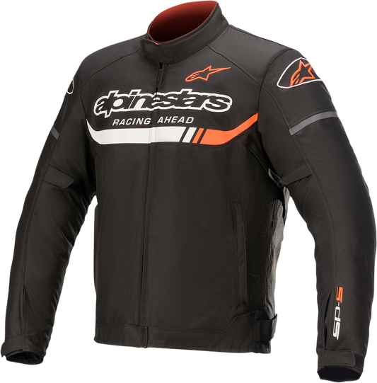 Alpinestars T-SP S Ignition waterproof motorcycle jacket in black, white, and red fluo, size small, with protective design.