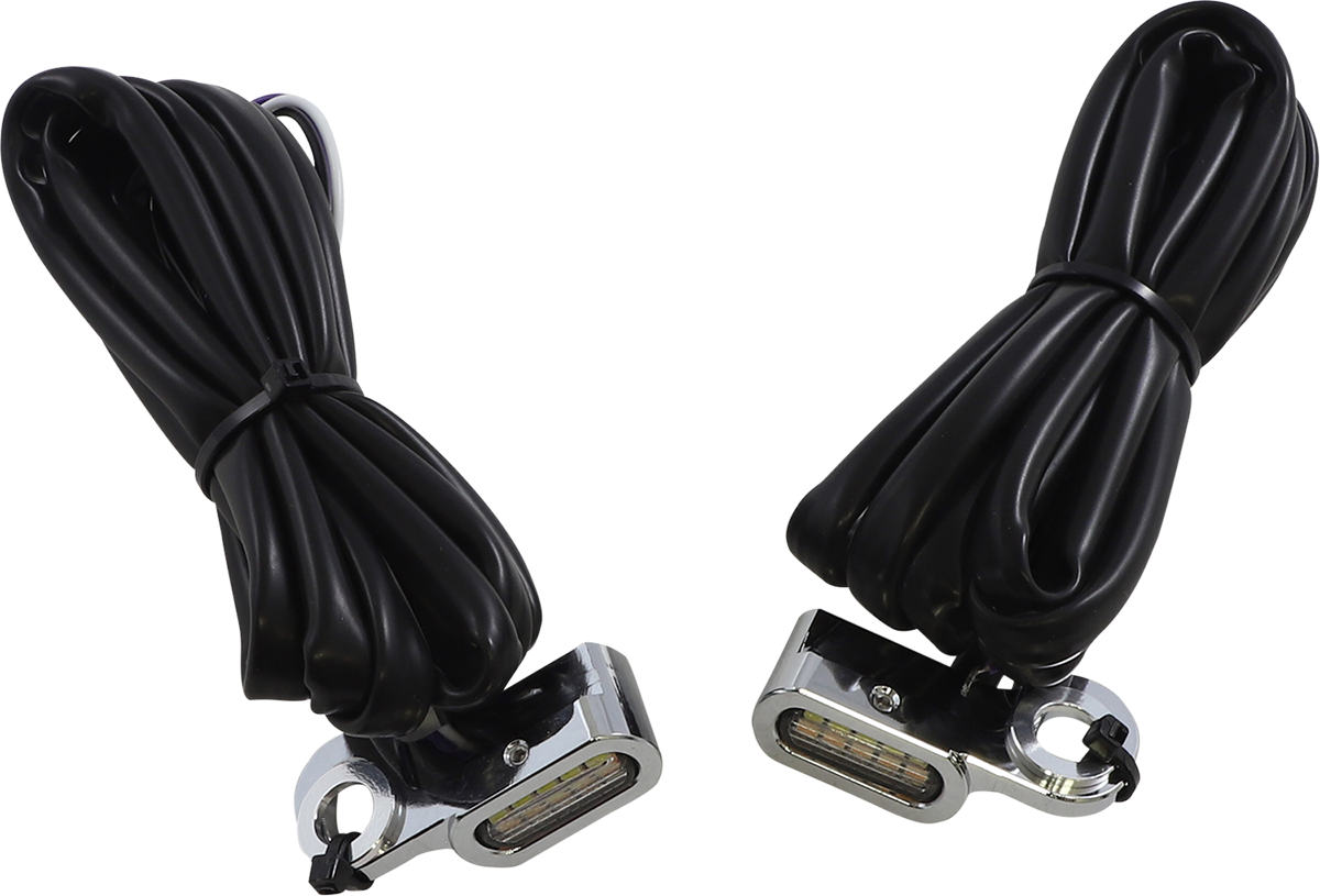 DRAG SPECIALTIES chrome finish marker lights in white and amber with black mounting bases for motorcycle or vehicle lighting.