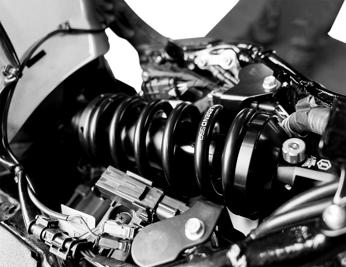Legend Suspension Revo-A mono shock for M-Eight Softail models, 13-inch heavy-duty suspension part in black finish.