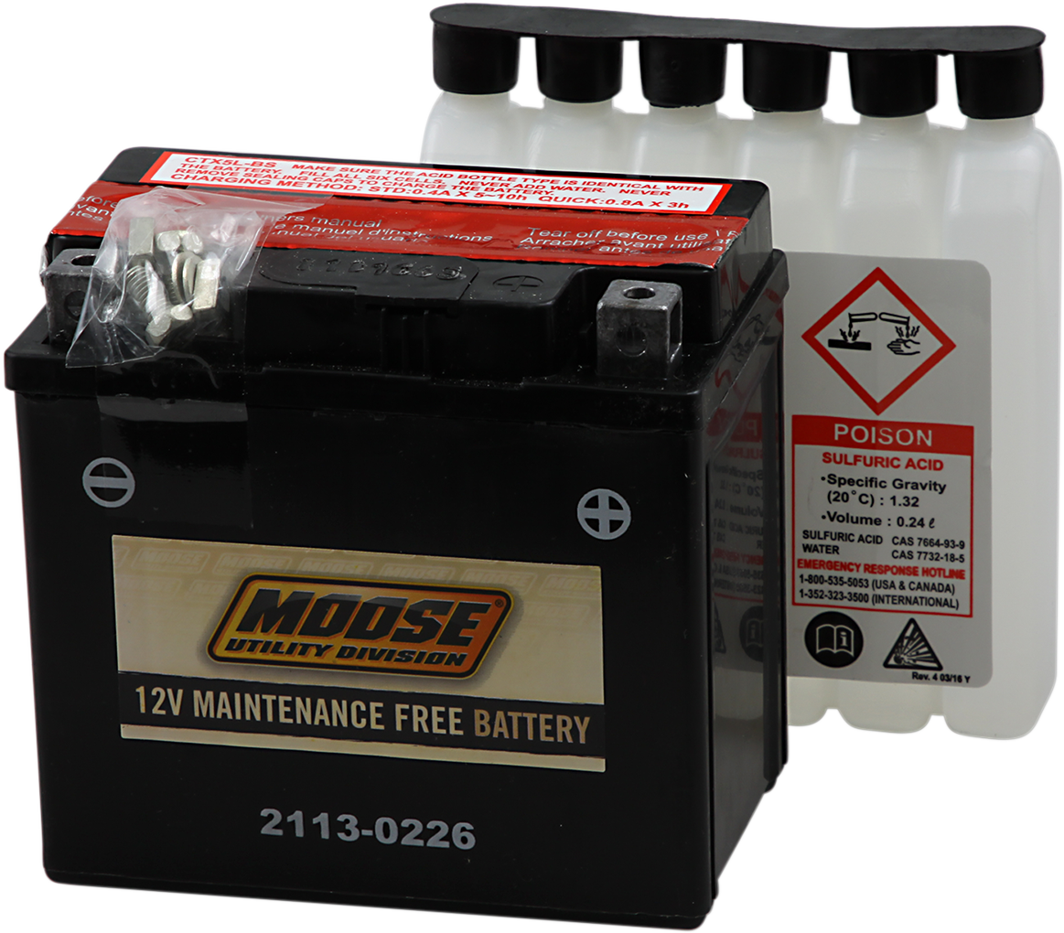 Moose Offroad AGM YTX5L-BS motorcycle battery with compact design and durable construction, part number MTX5L-BS.