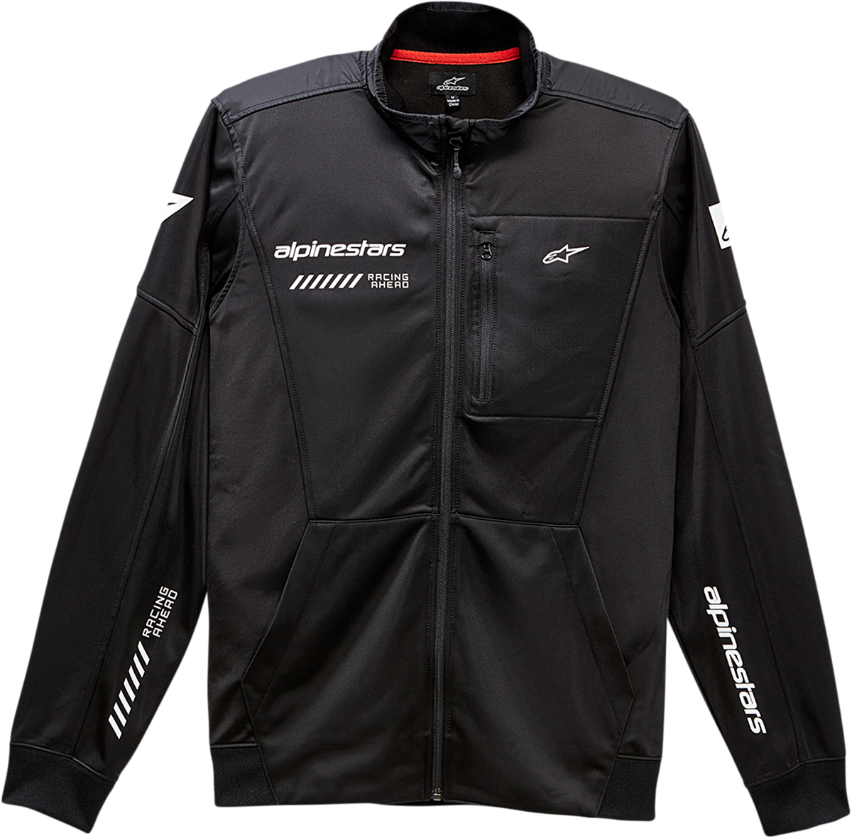 Black Alpinestars Stint Faster Track fleece jacket in large size, showing the front view with a high collar and sporty design