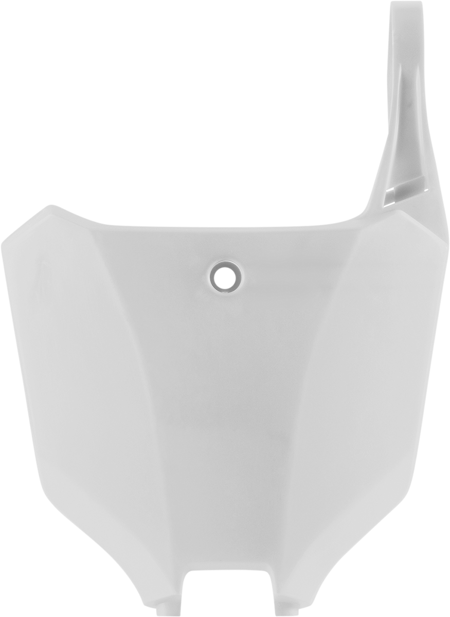 White Acerbis front number plate for motorcycle, body part with brand logo, designed for durable mounting and visibility.