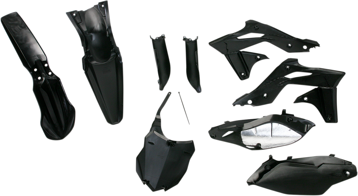 Acerbis full black replacement body kit for motorcycles, showcasing the sleek, assembled body parts on a plain background.