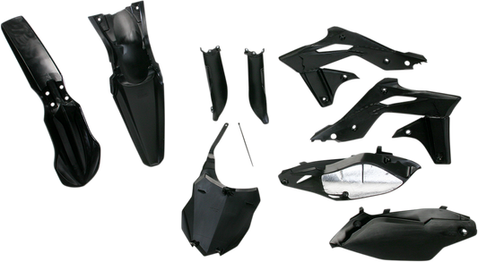 Acerbis full black replacement body kit for motorcycles, showcasing the sleek, assembled body parts on a plain background.