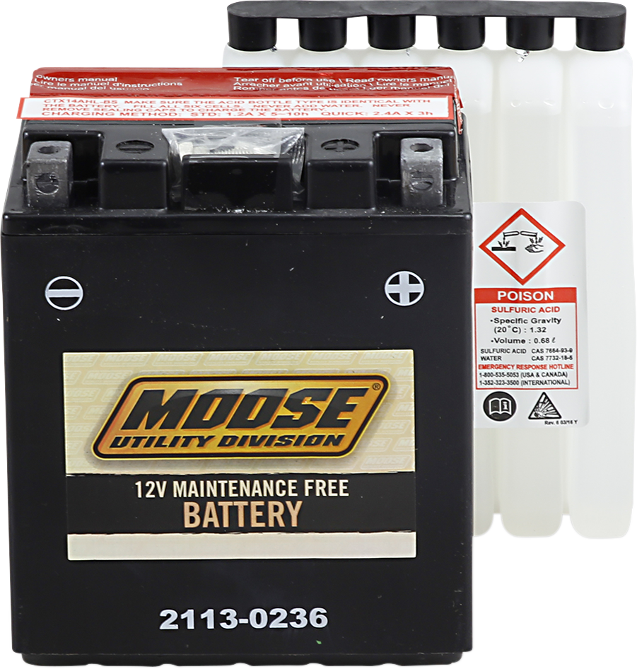 MOOSE OFFROAD AGM YTX14AHL-BS heavy-duty 12-volt maintenance-free battery for off-road vehicles, with terminal posts and compact design.
