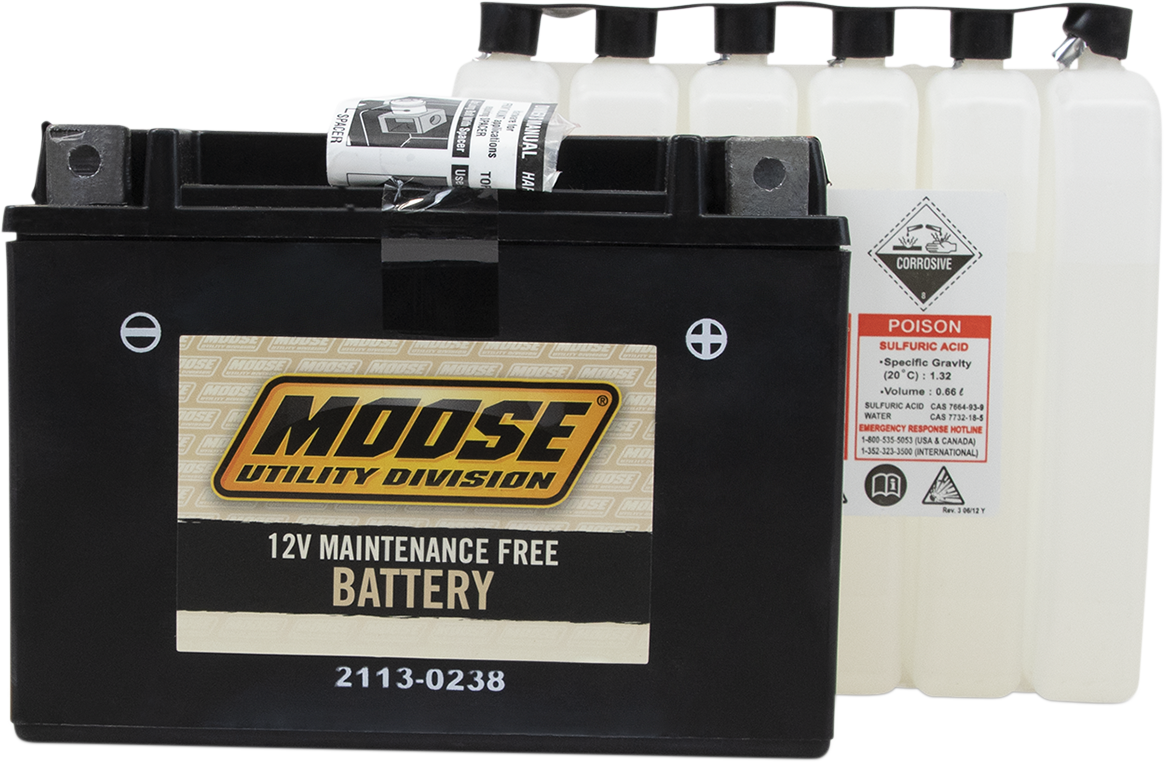 Moose Offroad AGM YTX15L-BS motorcycle battery with heavy-duty, maintenance-free 12-volt power, shown in the image.