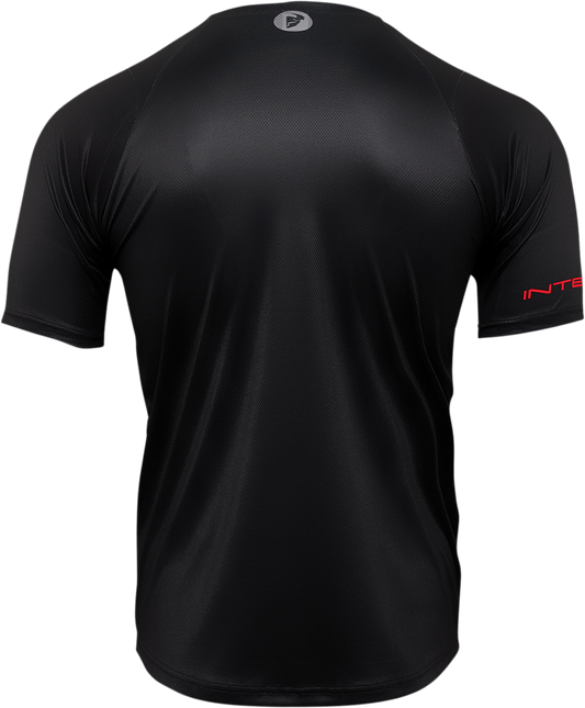 Black and gray THOR Intense Assist Chex short-sleeve jersey in small size, showcasing the sporty design and fabric details.
