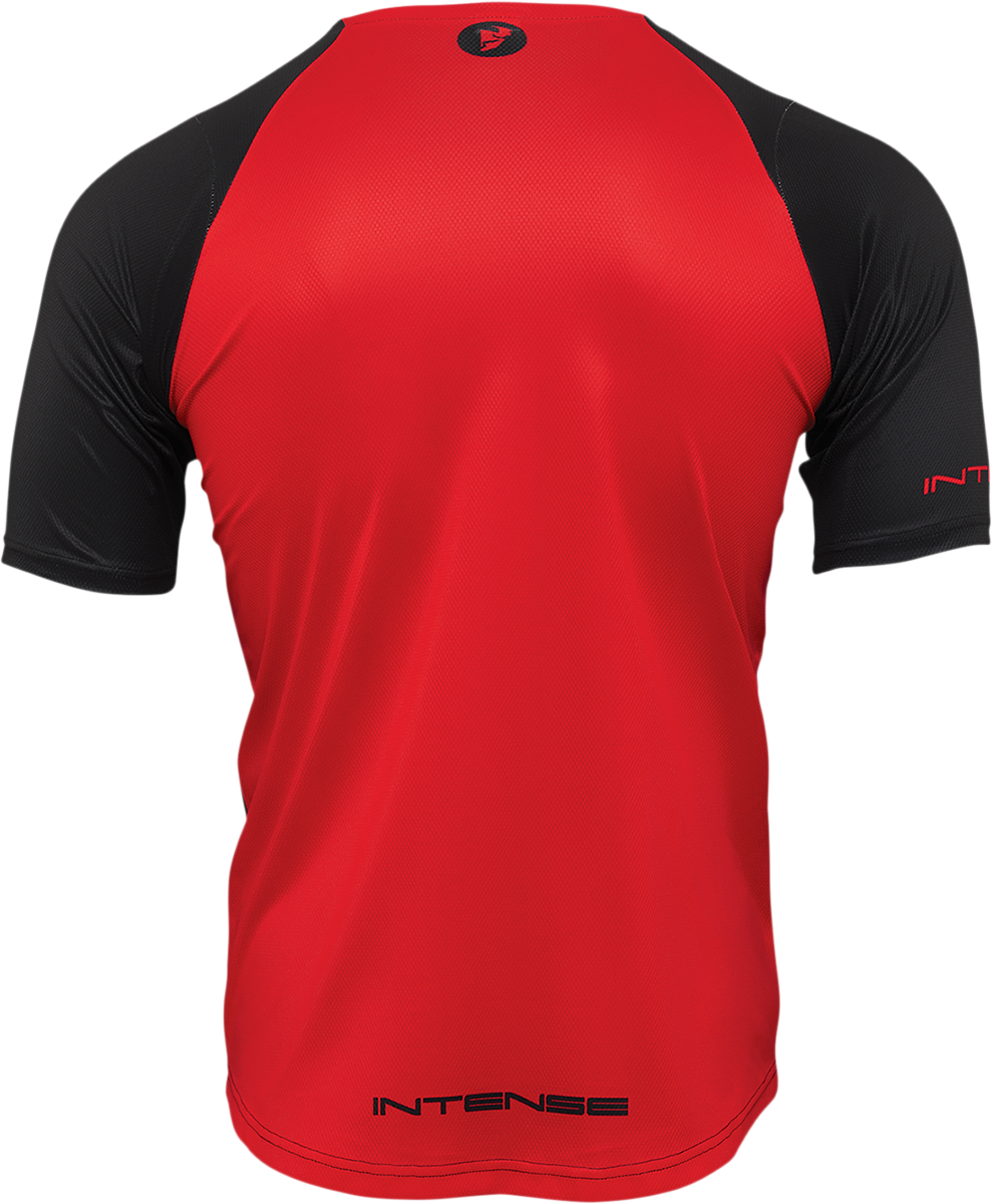 THOR Intense Assist Dart short-sleeve MTB jersey in XL with motocross-inspired design and performance fabric, front view.
