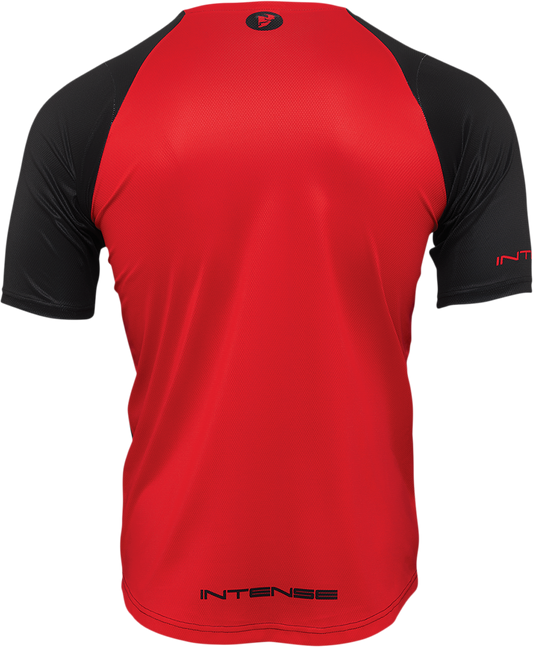 THOR Intense Assist Dart MTB jersey in black and red, short-sleeve, size large, designed for mountain biking performance.