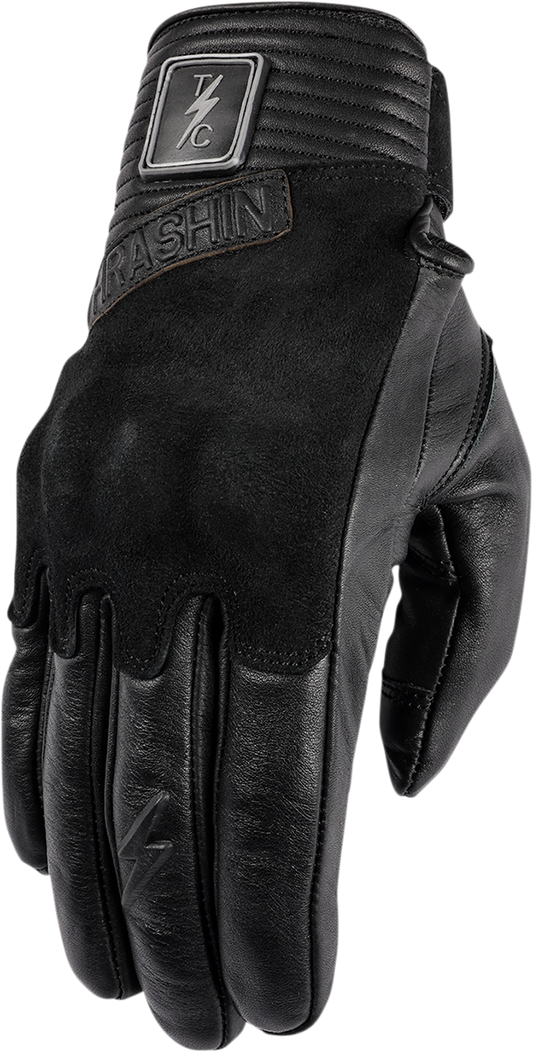 Black THRASHIN SUPPLY CO. boxer gloves in large size, designed for boxing or training, with a sturdy leather appearance.
