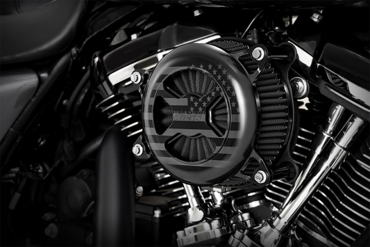 Vance & Hines VO2 America Air Cleaner in Freedom Black with sleek black finish and branded logo for motorcycle exhaust enhancement