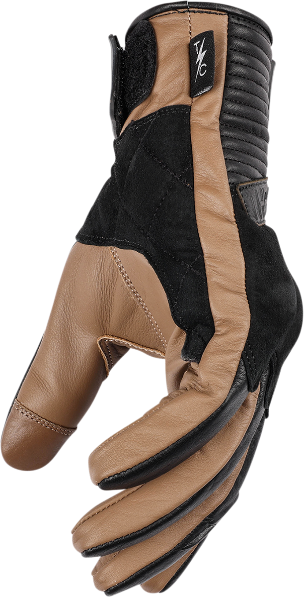 Tan THRASHIN SUPPLY CO. boxer gloves TBG-05-09 in medium size, shown with padded palms and adjustable wrist straps.