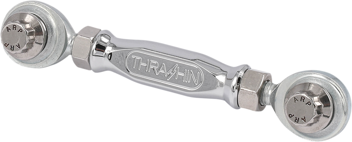Chrome shift linkage for Harley Dyna and Softail models by THRASHIN SUPPLY CO., showing polished metal and detailed construction.